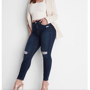 Express Curvy Mid Rise Dark Wash Ripped Skinny Jeans